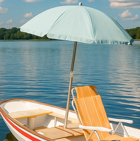 Guarda-sol instalado na embarcação Light Boat Sul para sombreamento durante o passeio